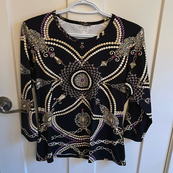 J. McLaughlin Jewel Pattern black size M stretchy top - Picture 1 of 6